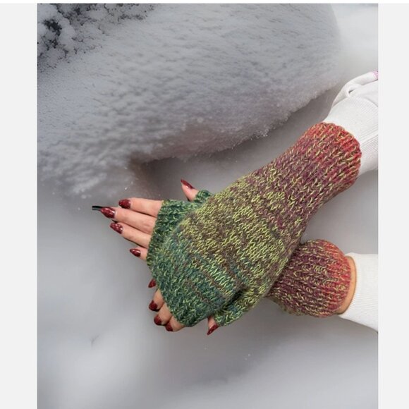 Handmade Wool Blend Colorful Knit Fingerless Gloves - Picture 2 of 12